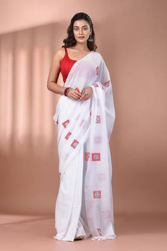 All over thread embroidery white cotton saree