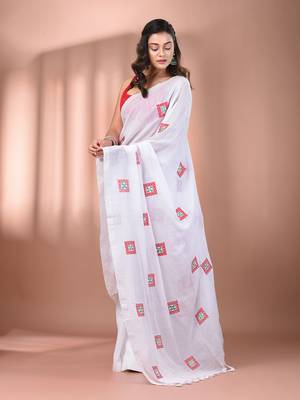 All over thread embroidery white cotton saree 2