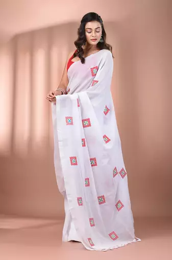 All over thread embroidery white cotton saree