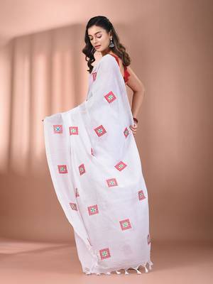 All over thread embroidery white cotton saree 3