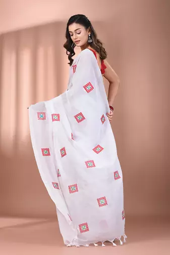 All over thread embroidery white cotton saree