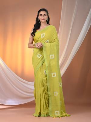 All over thread embroidery lime green cotton saree 1
