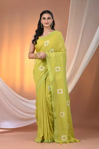 All over thread embroidery lime green cotton saree