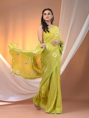 All over thread embroidery lime green cotton saree 2