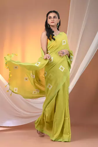 All over thread embroidery lime green cotton saree