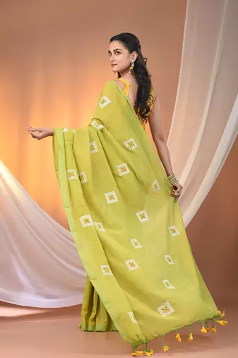 All over thread embroidery lime green cotton saree