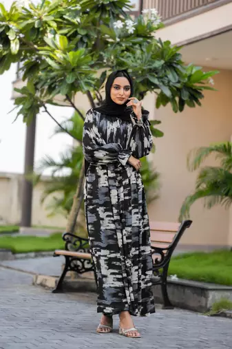 Black FANCY GEORGETTE PRINTED ABAYA