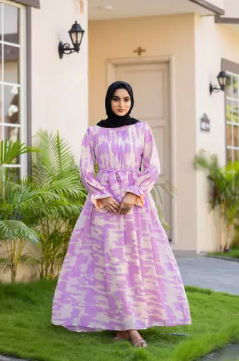 Purple Georgette Abstract Printed Abaya Dress