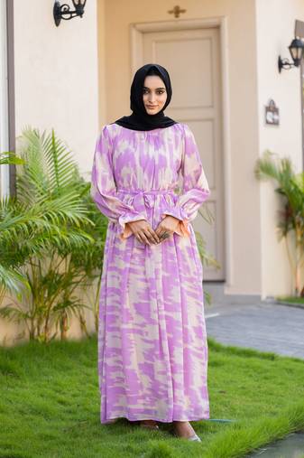Purple Georgette Abstract Printed Abaya Dress