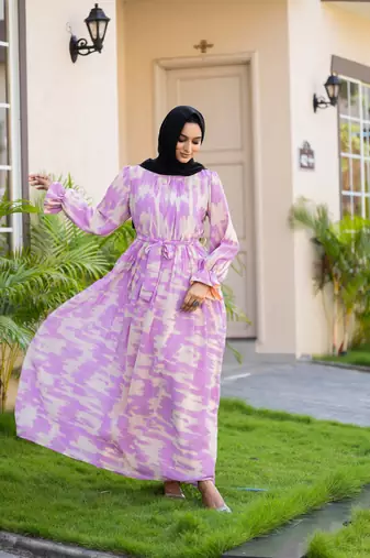 Purple Georgette Abstract Printed Abaya Dress