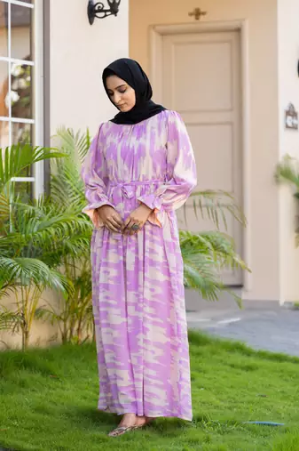 Purple Georgette Abstract Printed Abaya Dress