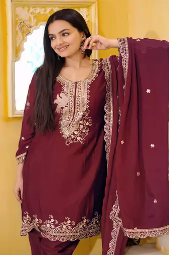Heavy Chinon Suit With Sequence Embroidered Work