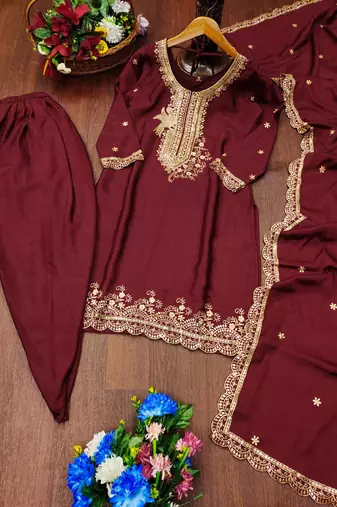 Heavy Chinon Suit With Sequence Embroidered Work