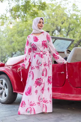 Pink FANCY NIDA PRINTED ABAYA