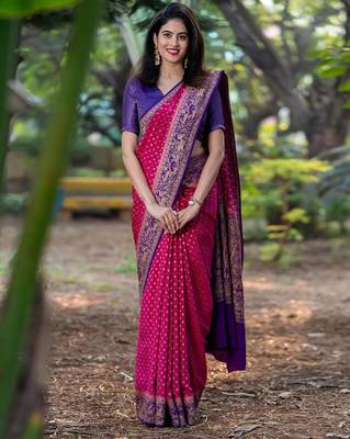 Rani Pink and violet Faux Banarasi Silk Jacquard Saree With Blouse Piece. 1