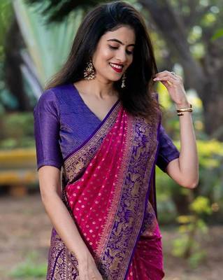 Rani Pink and violet Faux Banarasi Silk Jacquard Saree With Blouse Piece. 3