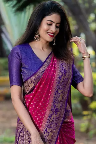Rani Pink and violet Faux Banarasi Silk Jacquard Saree With Blouse Piece.