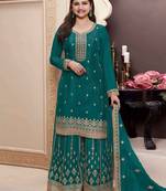 Aqua blue sequence embroidery stich work with heavy chinon semi-stitched sharara suit