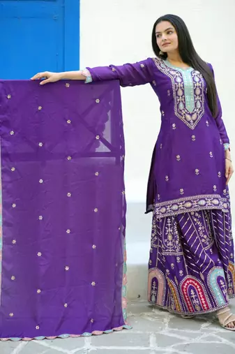 Heavy Chinon Suit With Sequence Embroidered Work
