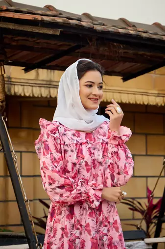 Peach FANCY GEORGETTE PRINTED ABAYA