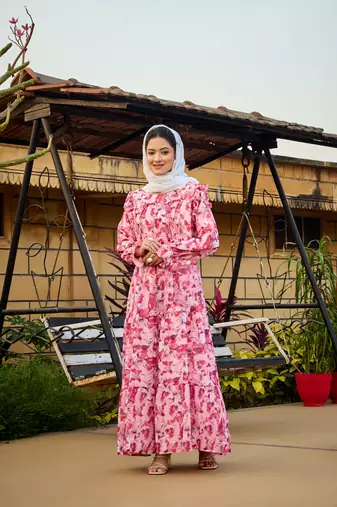 Peach FANCY GEORGETTE PRINTED ABAYA