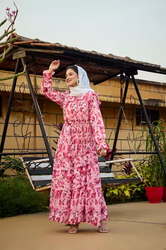 Peach FANCY GEORGETTE PRINTED ABAYA
