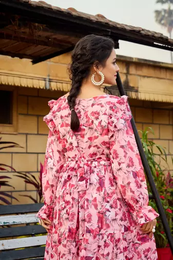 Peach FANCY GEORGETTE PRINTED ABAYA
