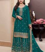 designer teal green chinon silk embroidered sharara suit