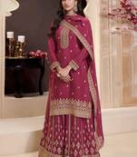 designer maroon chinon silk embroidered sharara suit