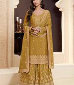 designer yellow chinon silk embroidered sharara suit