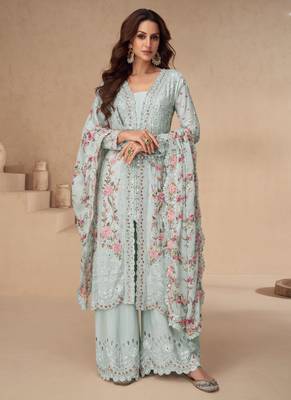 Light sky blue chinon silk embroidered Palazzo suit 1