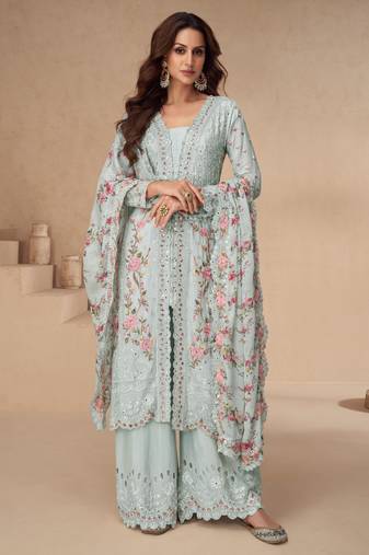 Light sky blue chinon silk embroidered Palazzo suit