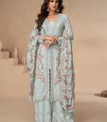 Light sky blue chinon silk embroidered Palazzo suit