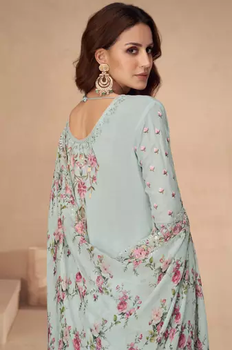Light sky blue chinon silk embroidered Palazzo suit