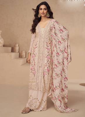 Light peach chinon silk embroidered Palazzo suit 1