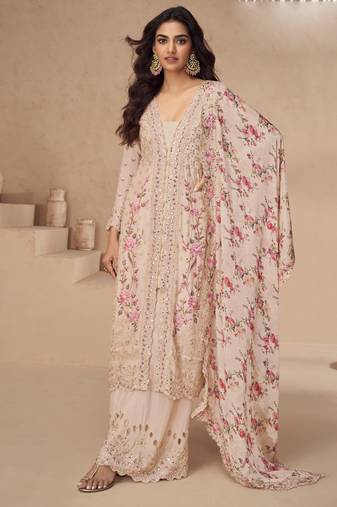 Light peach chinon silk embroidered Palazzo suit