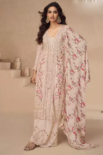 Light peach chinon silk embroidered Palazzo suit