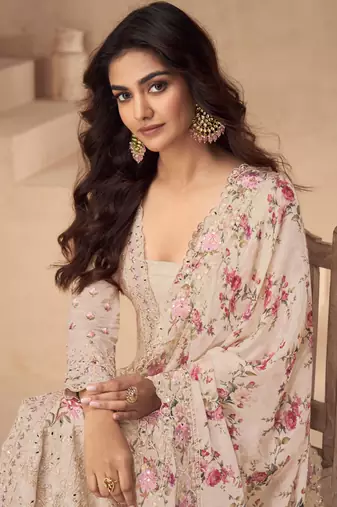 Light peach chinon silk embroidered Palazzo suit