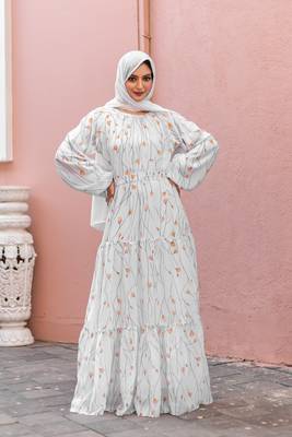White GEORGETTE PRINTED Abaya Dress  1