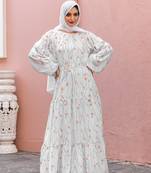 White GEORGETTE PRINTED Abaya Dress
