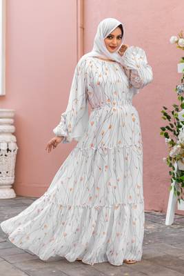 White GEORGETTE PRINTED Abaya Dress  2