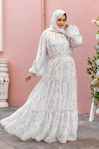 White GEORGETTE PRINTED Abaya Dress 