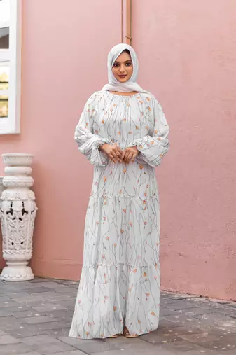 White GEORGETTE PRINTED Abaya Dress 