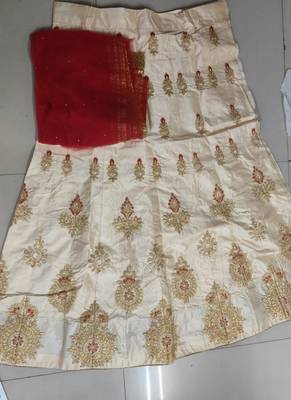 Beige Embroidery Satin Silk Party Wear Ethnic Lehengas 3