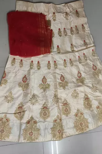 Beige Embroidery Satin Silk Party Wear Ethnic Lehengas