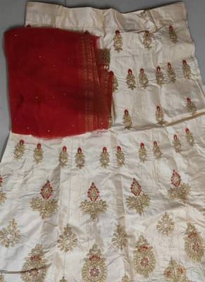 Beige Embroidery Satin Silk Party Wear Ethnic Lehengas 4