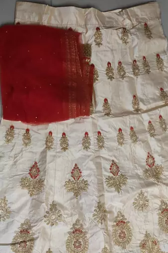 Beige Embroidery Satin Silk Party Wear Ethnic Lehengas
