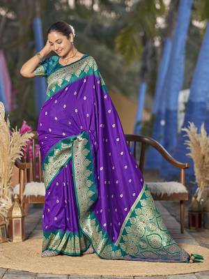 banarasi woven purple and turquoise blue saree with heavy jacquard work 1
