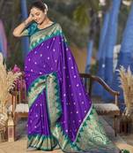 banarasi woven purple and turquoise blue saree with heavy jacquard work
