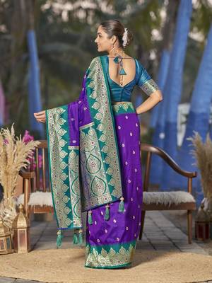 banarasi woven purple and turquoise blue saree with heavy jacquard work 3